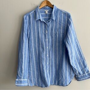 L.L. Bean Blue and White Striped Linen Button Down Shirt Extra Large